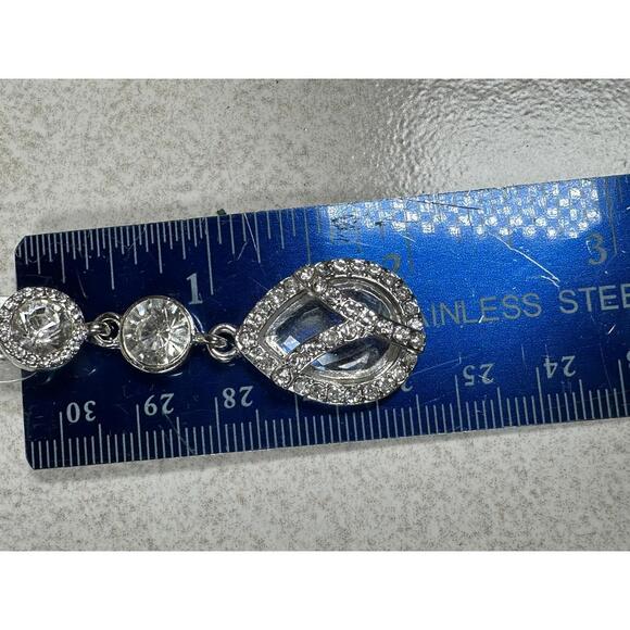 Silver Tone Crystal Teardrop Dangle Earrings Rhinestone Sparkle 2.25” - Picture 4 of 4